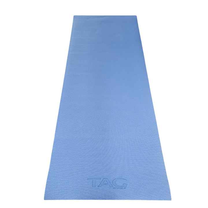 Blue TAG yoga mat measuring 24 x 68 inches shown fully unrolled with embossed TAG logo