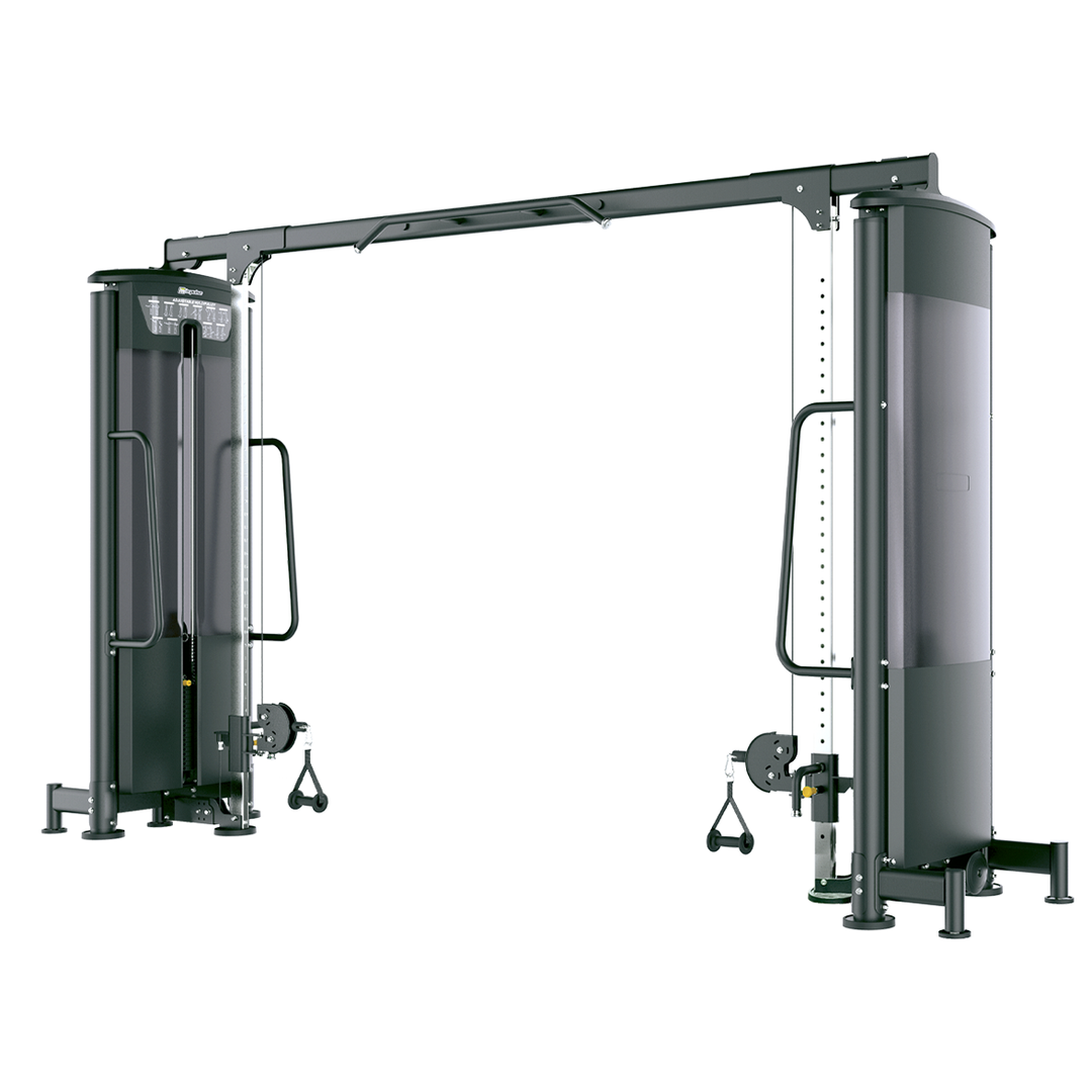 TAG Fitness ELITE cable crossover in black with dual weight stacks, adjustable cable columns, handles, and overhead frame