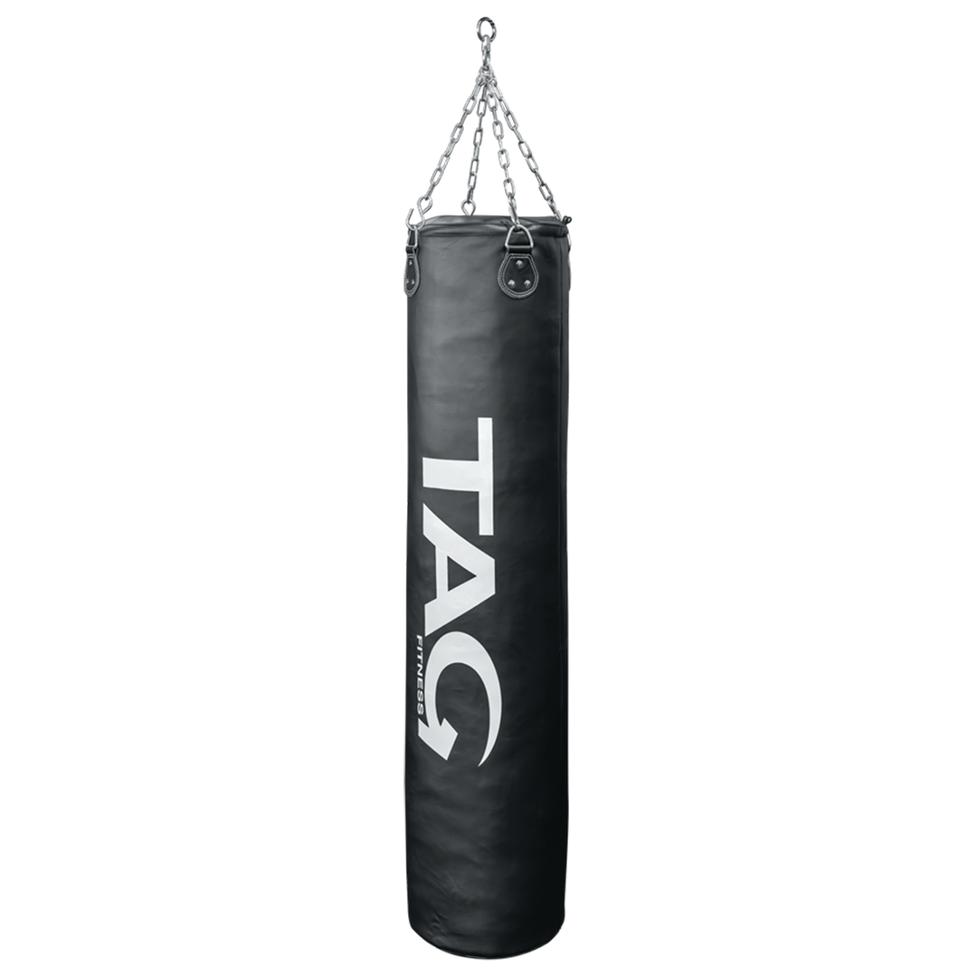 Black TAG heavy bag with hanging chains and vertical TAG logo