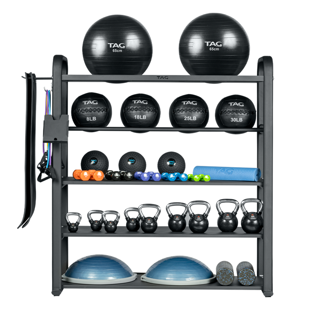 TAG RCK-ACR45 storage unit loaded with stability balls, medicine balls, kettlebells, mats and accessories