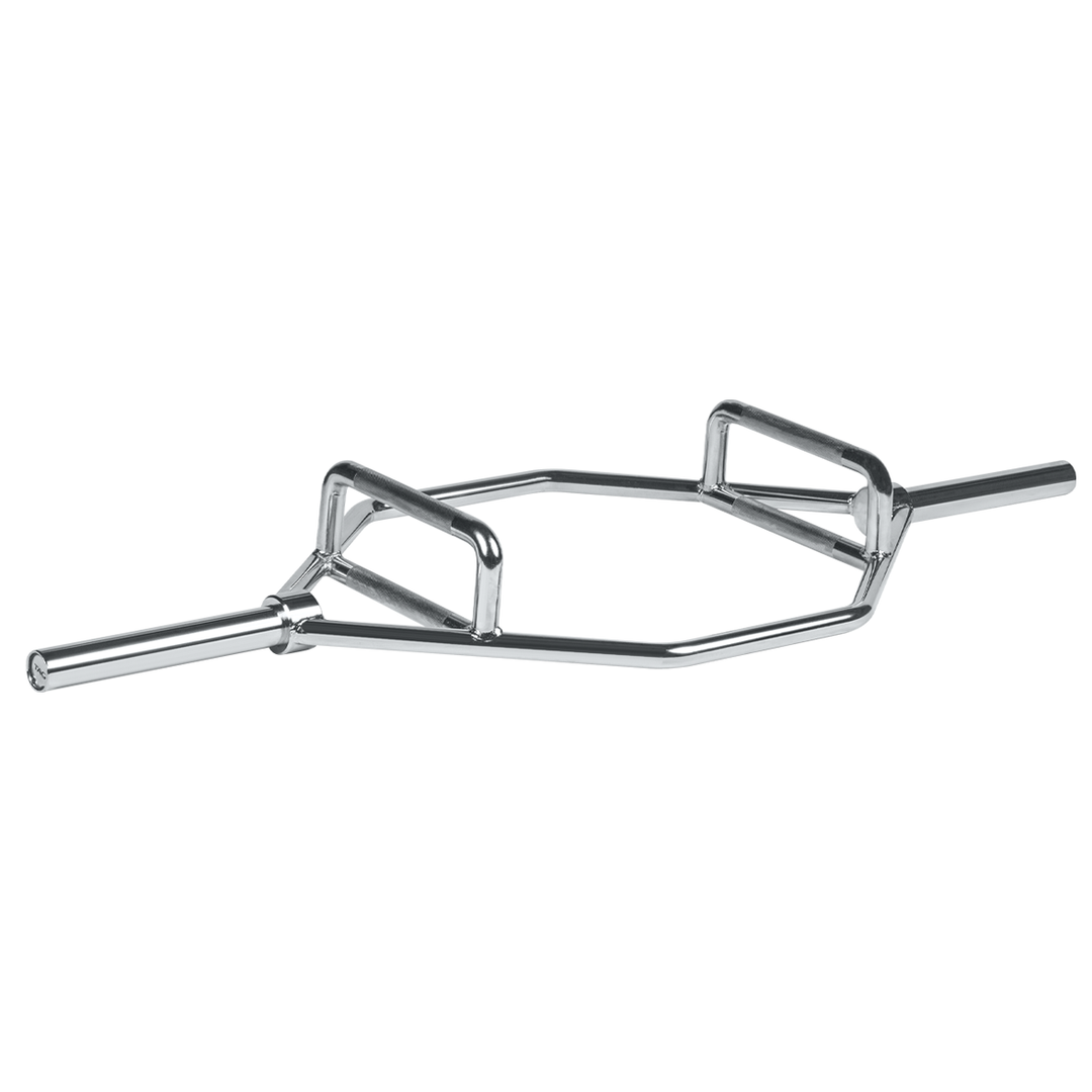 TAG silver zinc barbell with knurled handles and raised multi-grip frame