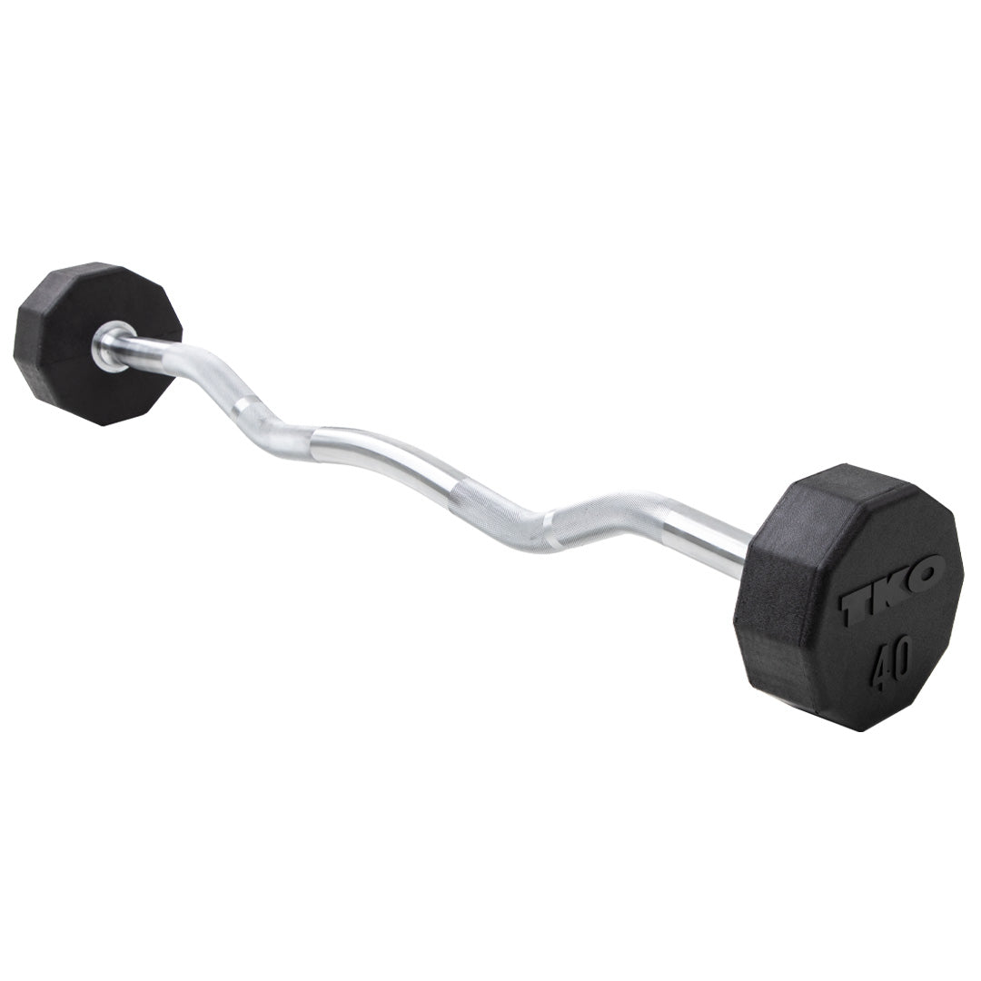 TKO fixed curl bar rubber barbell with 10-sided rubber-coated heads