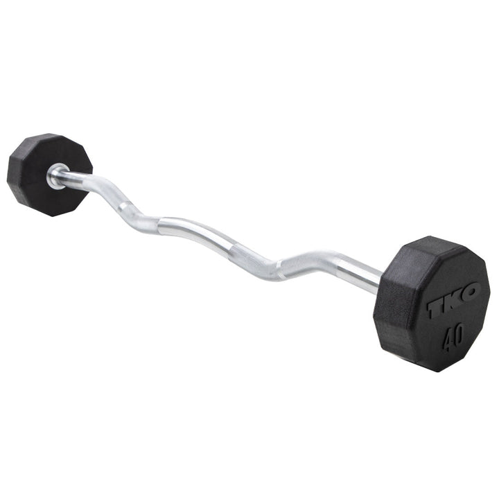 TKO fixed curl bar rubber barbell with 10-sided rubber-coated heads