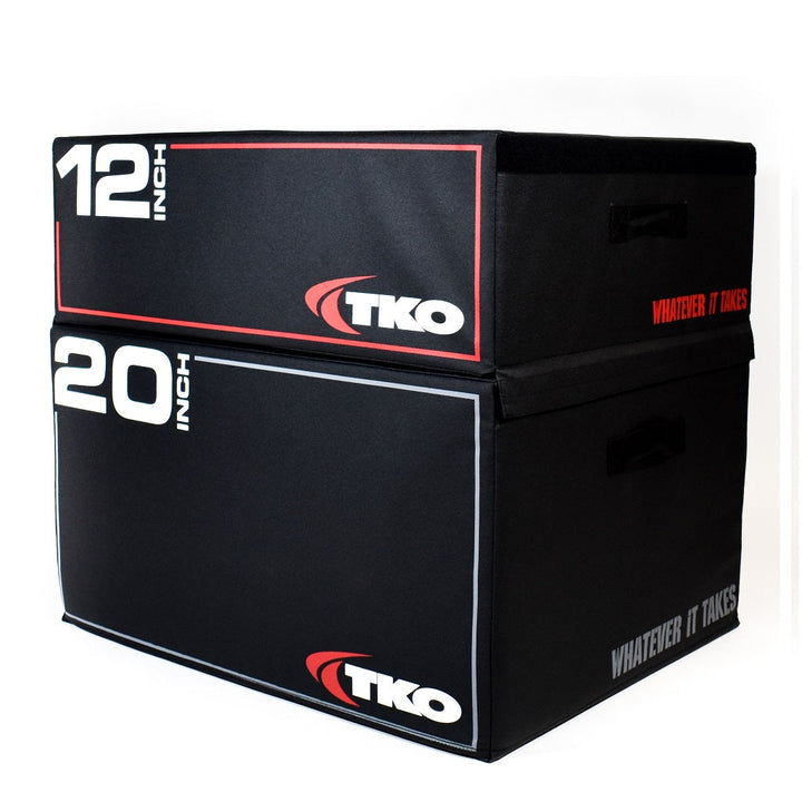 TKO stackable foam plyo boxes showing 12 inch and 20 inch training heights