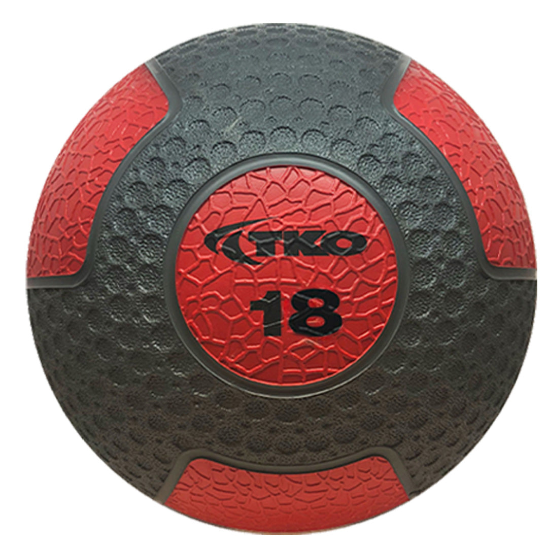 TKO 18 lb medicine ball featuring textured grip and rubber exterior