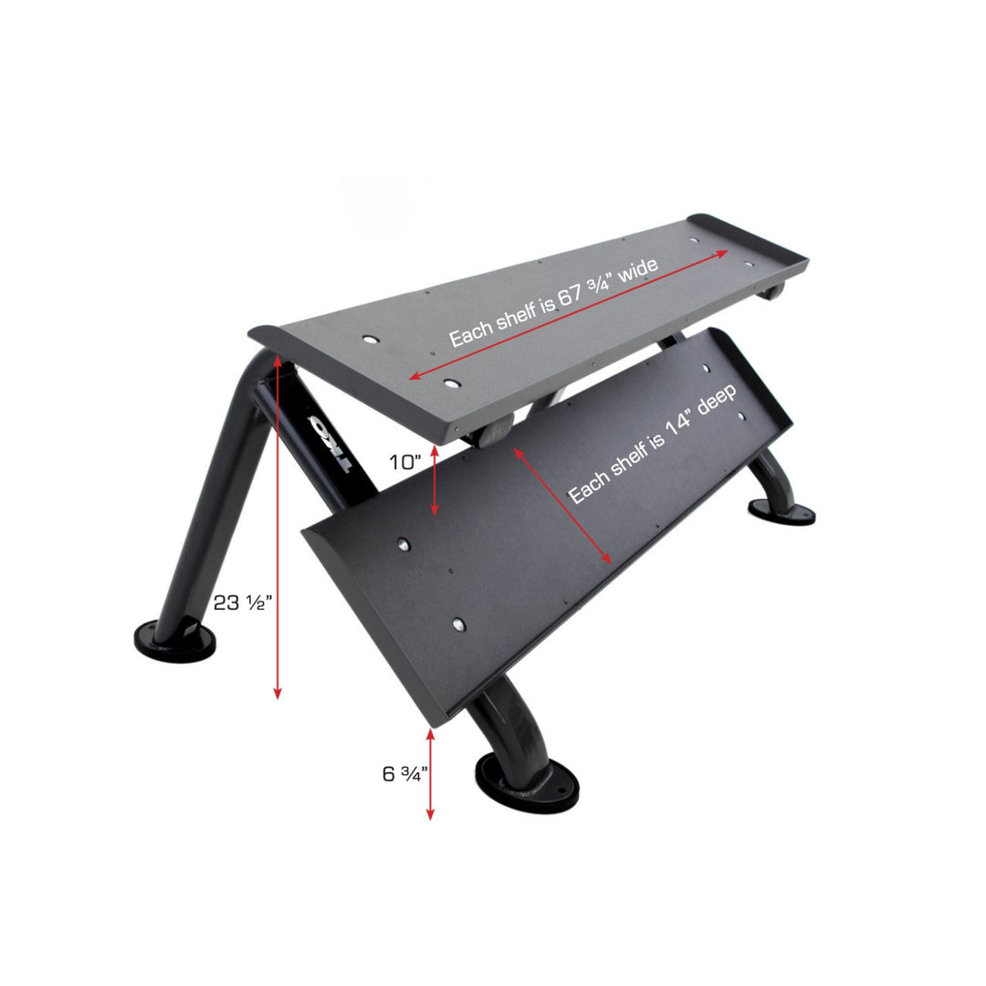 TKO 2-tier horizontal dumbbell rack with dual storage shelves. with dimensions