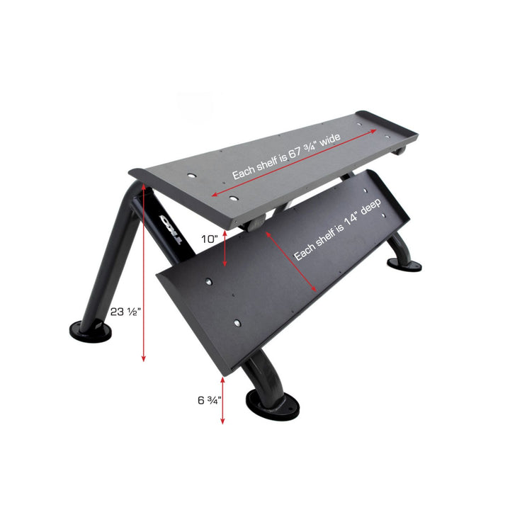 TKO 2-tier horizontal dumbbell rack with dual storage shelves. with dimensions