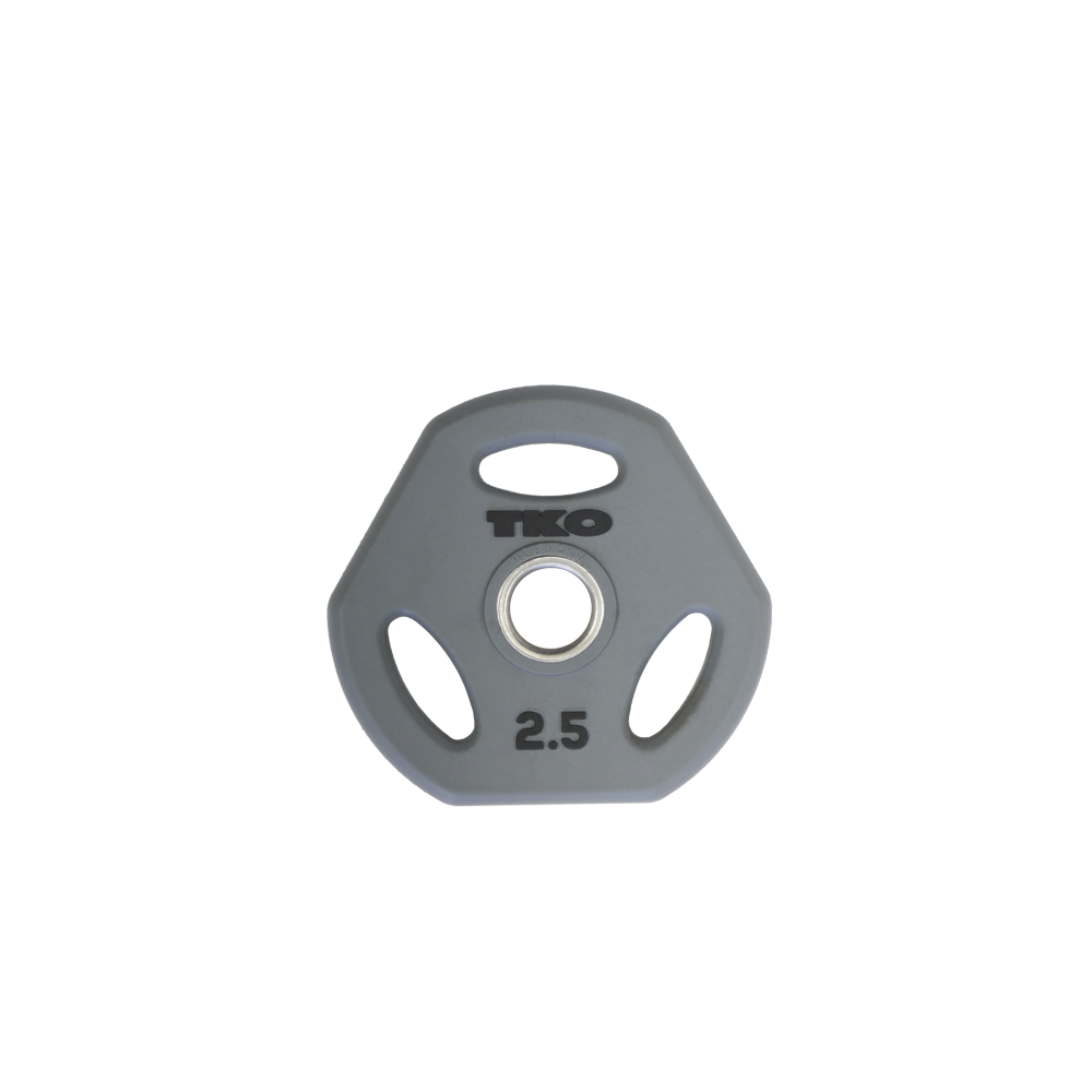 Gray 2.5 lb urethane-coated cardio pump weight plate with three-slot grip