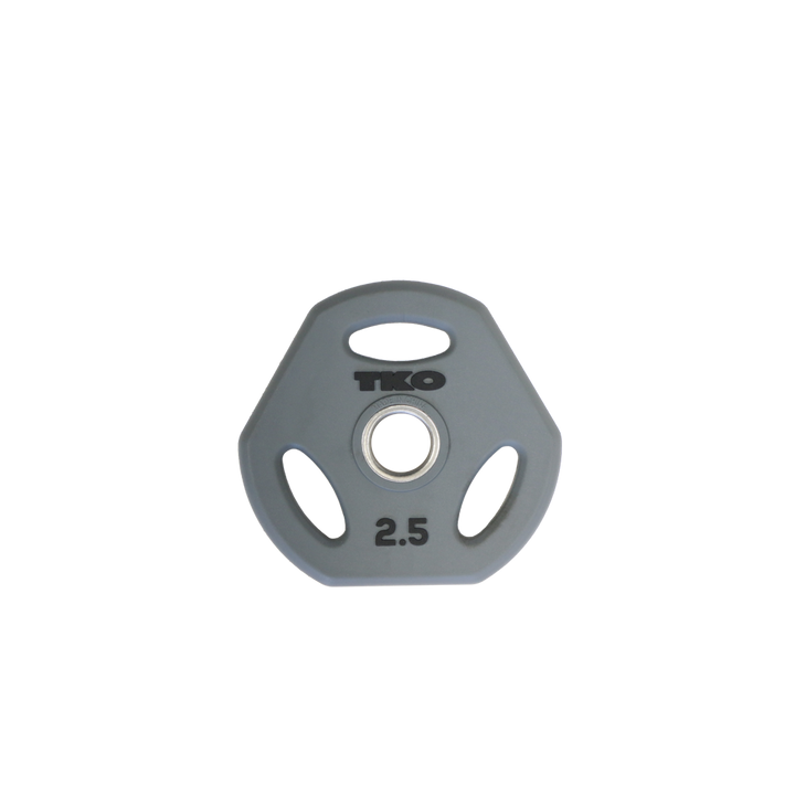 Gray 2.5 lb urethane-coated cardio pump weight plate with three-slot grip