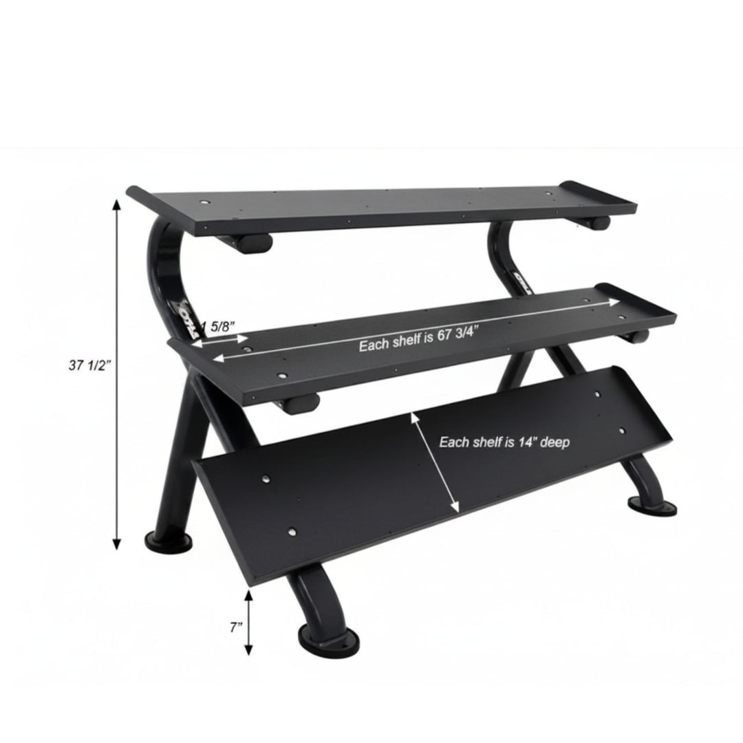 TKO 3-tier horizontal dumbbell rack with dual storage shelves with dimensions