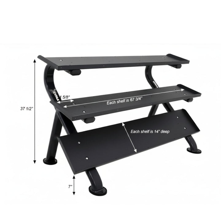TKO 3-tier horizontal dumbbell rack with dual storage shelves with dimensions