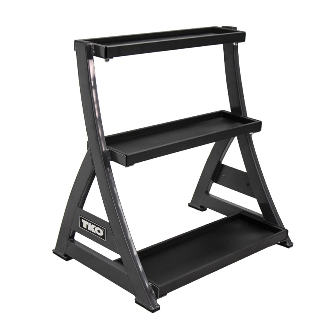 Angled view of TKO kettlebell storage rack with multiple shelves