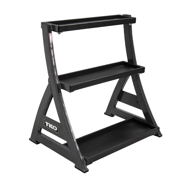 Angled view of TKO kettlebell storage rack with multiple shelves