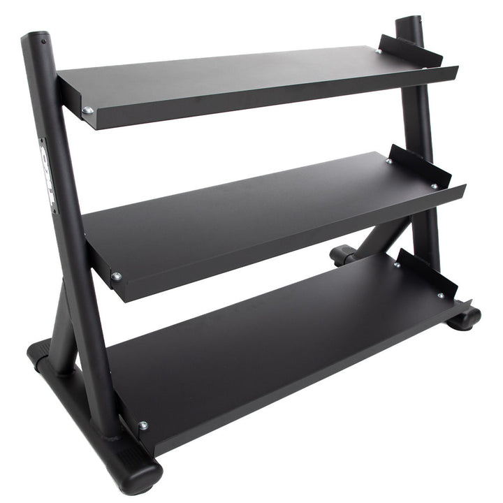 TKO 3 tier shelf dumbbell rack with angled storage shelves in matte black.