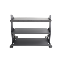Front view of TKO three tier dumbbell storage rack with angled shelves.