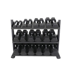 TKO 3 tier rack holding multiple pairs of hex dumbbells.