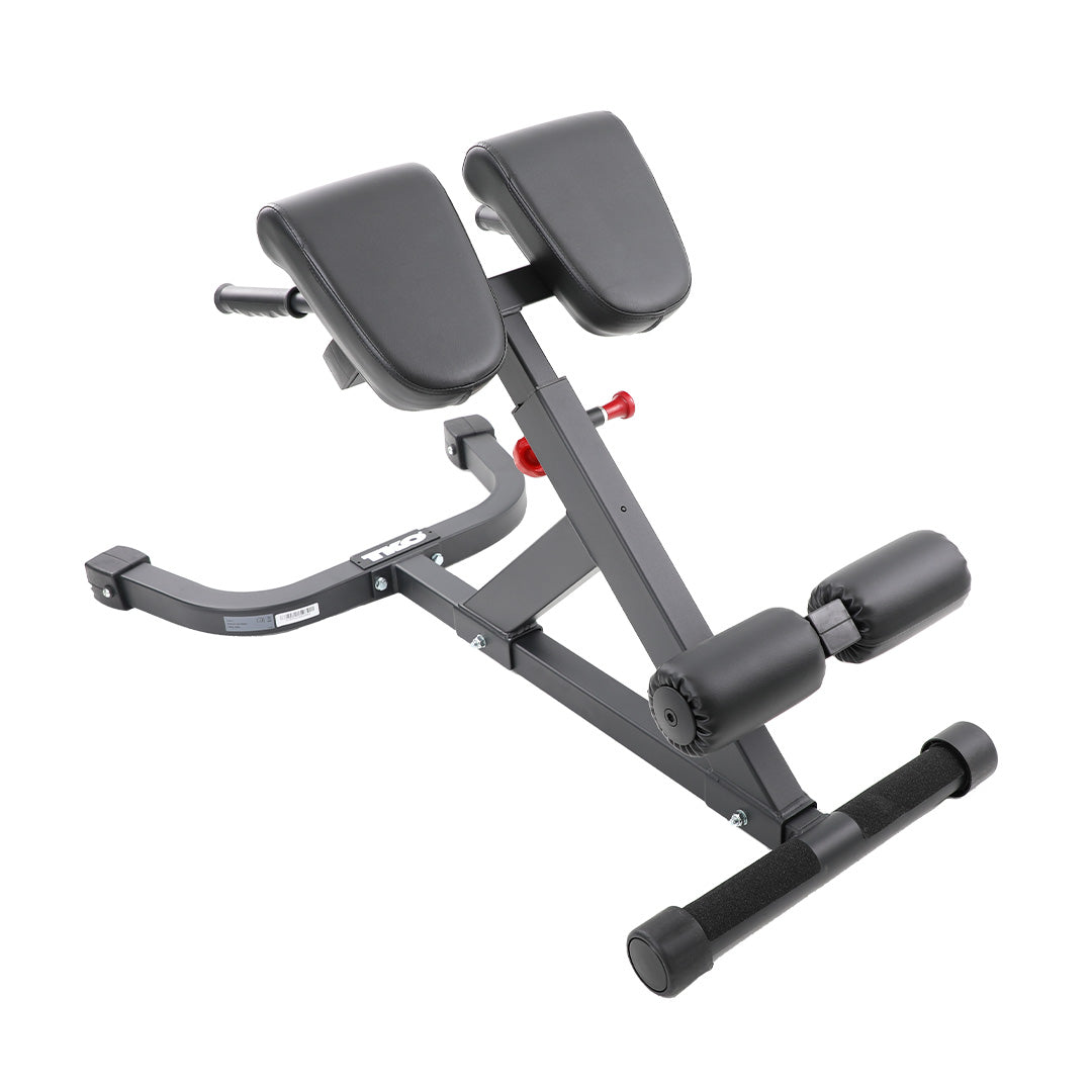 TKO 45 degree hyperextension bench with split pads and adjustable frame.
