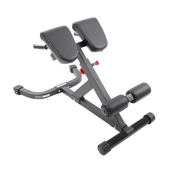 TKO 45 degree hyperextension bench with split pads and adjustable frame.