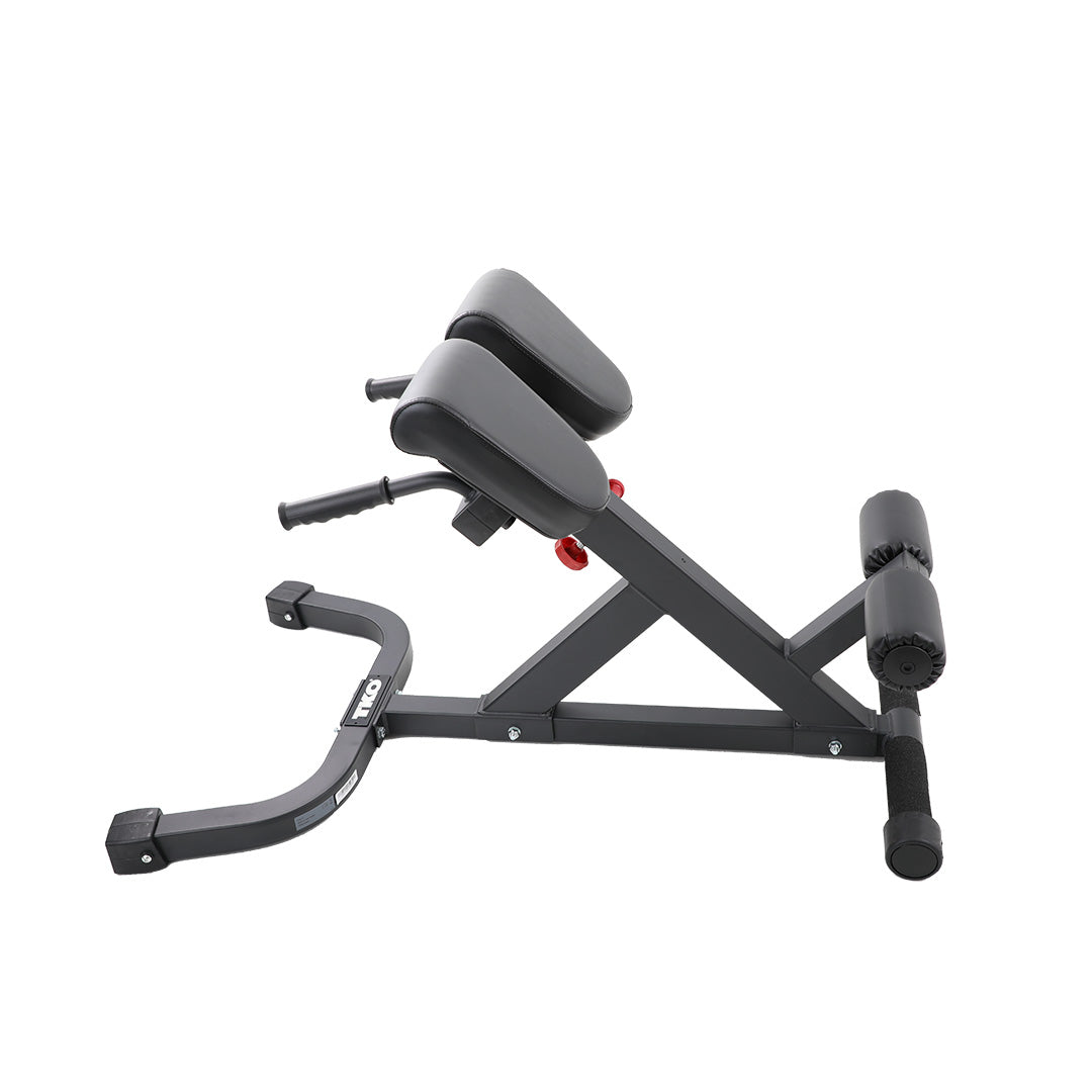 Profile view of adjustable 45 degree hyperextension bench for back extension exercises.