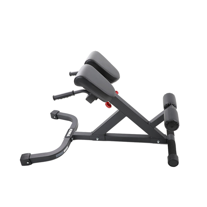 Profile view of adjustable 45 degree hyperextension bench for back extension exercises.