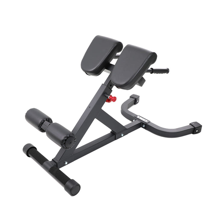 Side view of TKO 45 degree hyperextension bench showing support frame and leg rollers.
