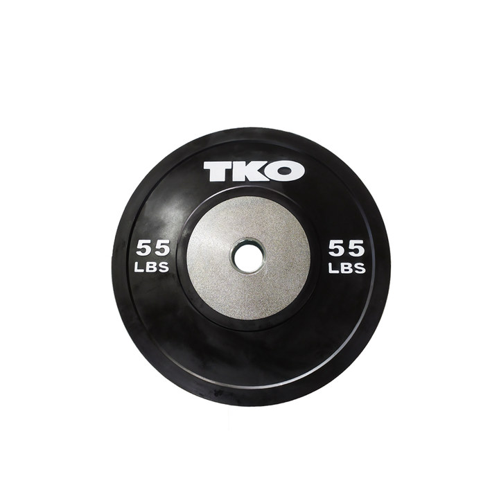 Alt Text:
55 lb black competition bumper plate with steel hub