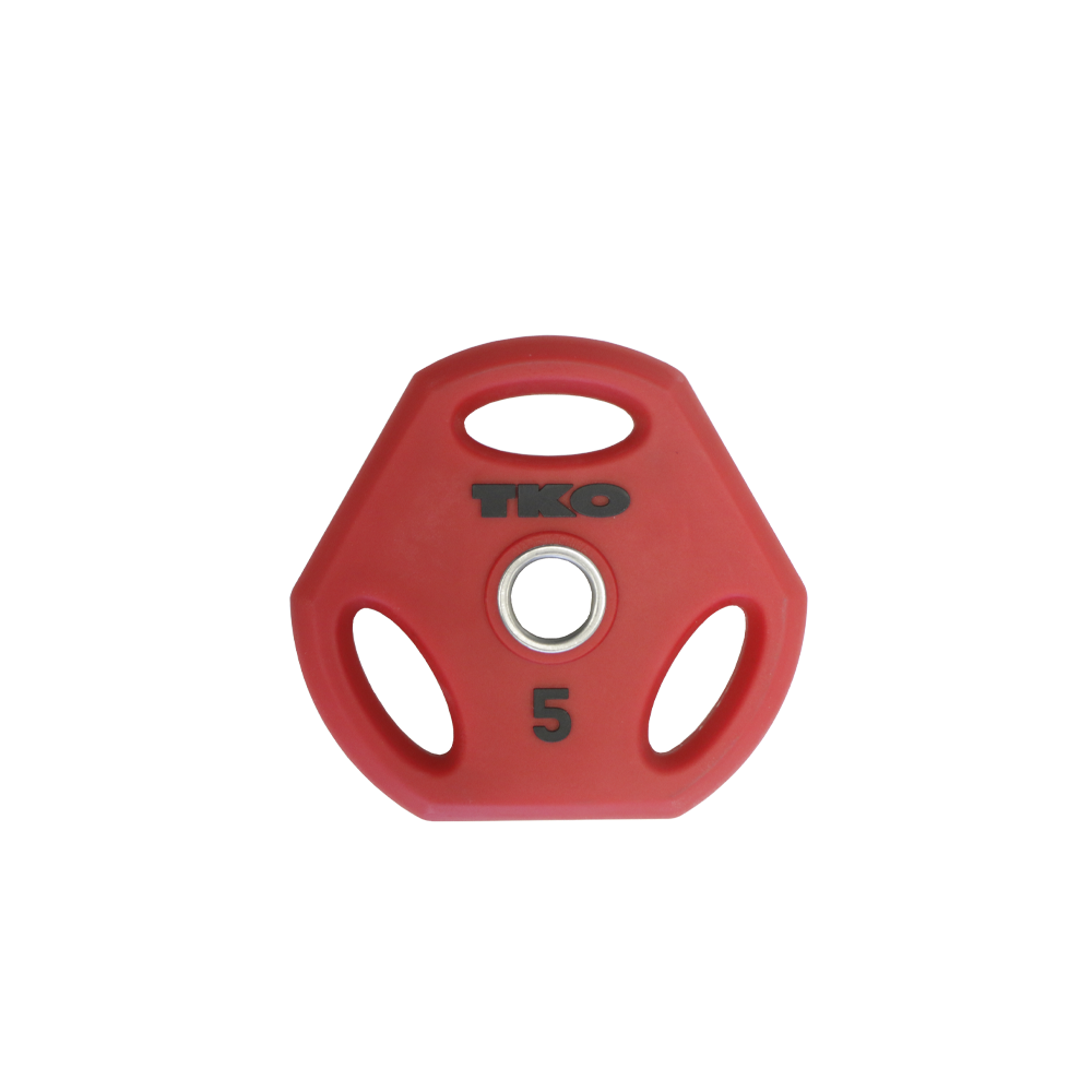 Red 5 lb urethane-coated cardio pump weight plate with three-slot grip