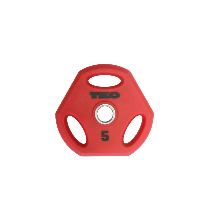 Red 5 lb urethane-coated cardio pump weight plate with three-slot grip