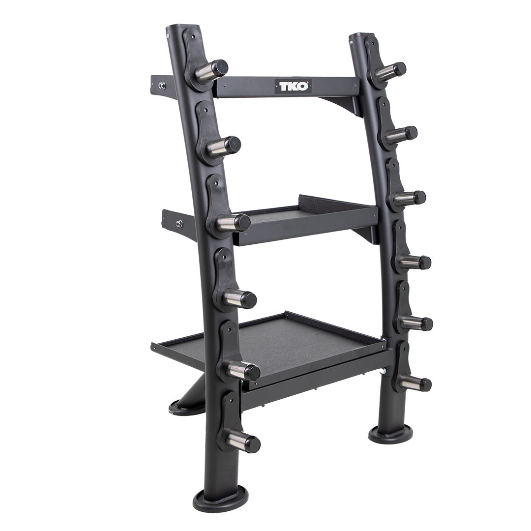TKO accessory rack designed for storing bars, fitness accessories, and attachments