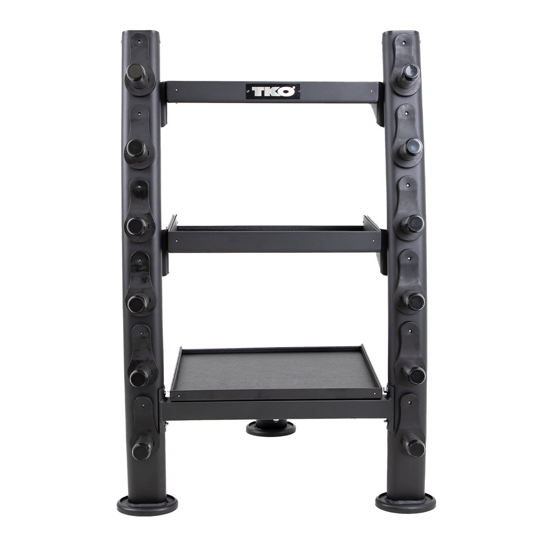 Front view of TKO accessory rack with multiple storage positions