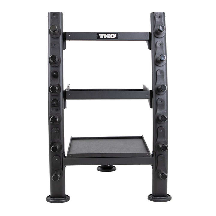 Front view of TKO accessory rack with multiple storage positions