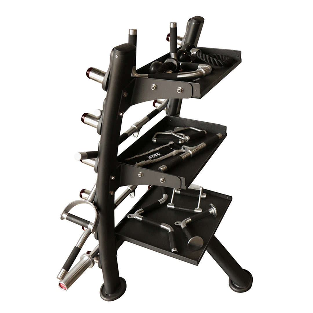 Side view of TKO accessory rack storing bars and fitness attachments