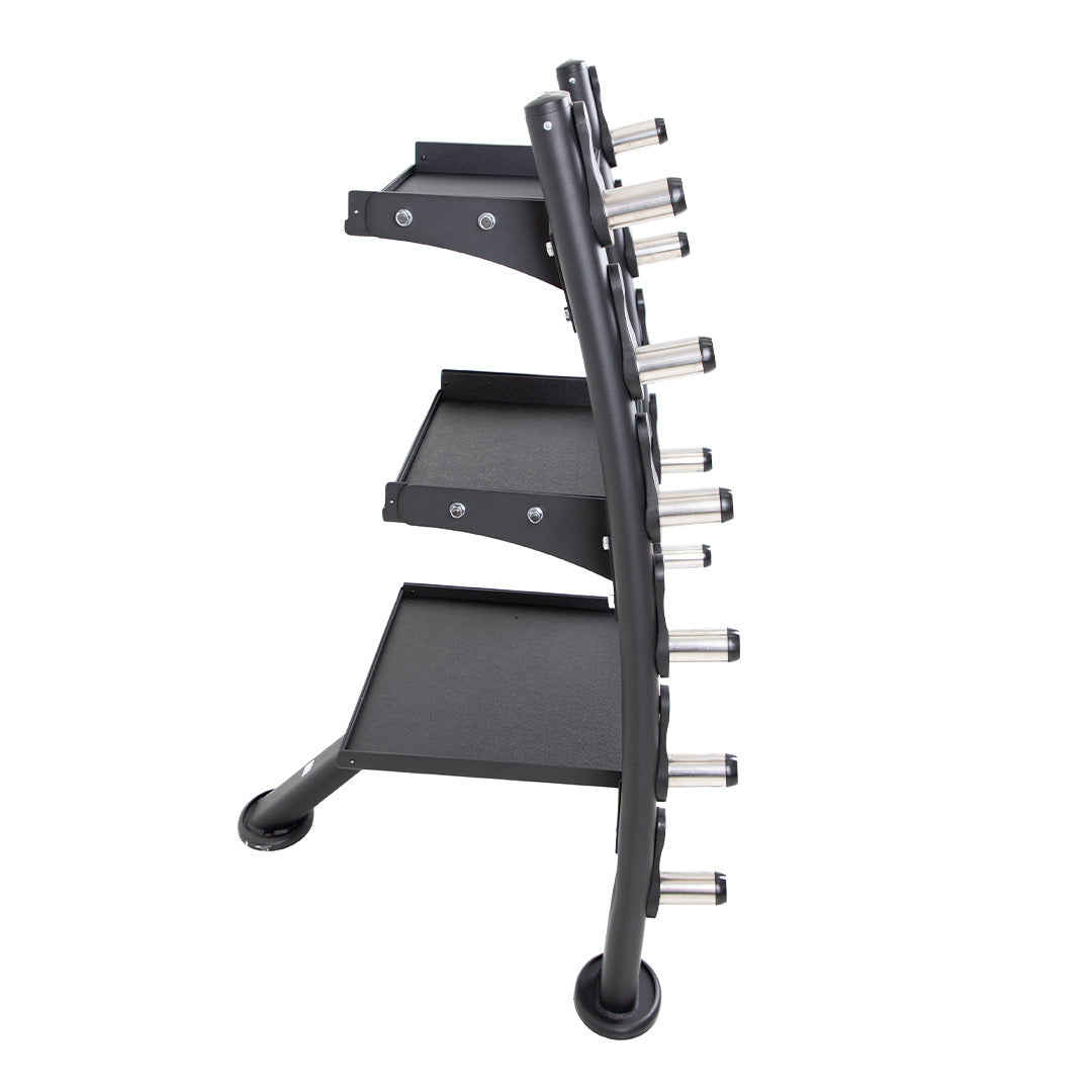 Side profile of TKO accessory rack showing tiered storage design