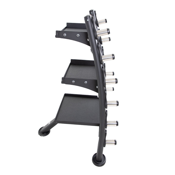 Side profile of TKO accessory rack showing tiered storage design