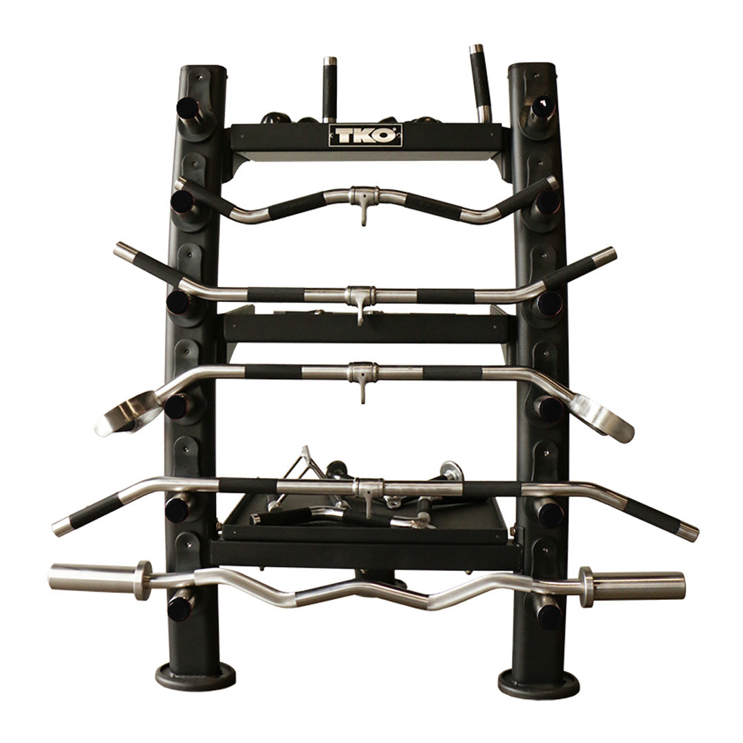 TKO accessory rack holding multiple specialty bars and attachments