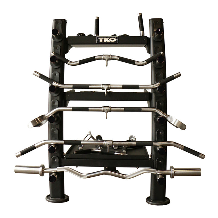 TKO accessory rack holding multiple specialty bars and attachments