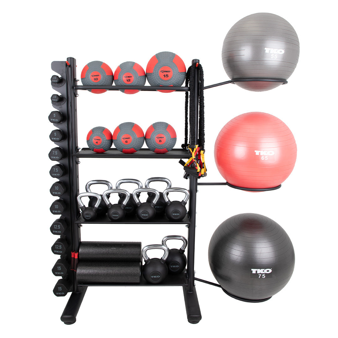Accessory storage rack with kettlebells, medicine balls, stability balls and accessories