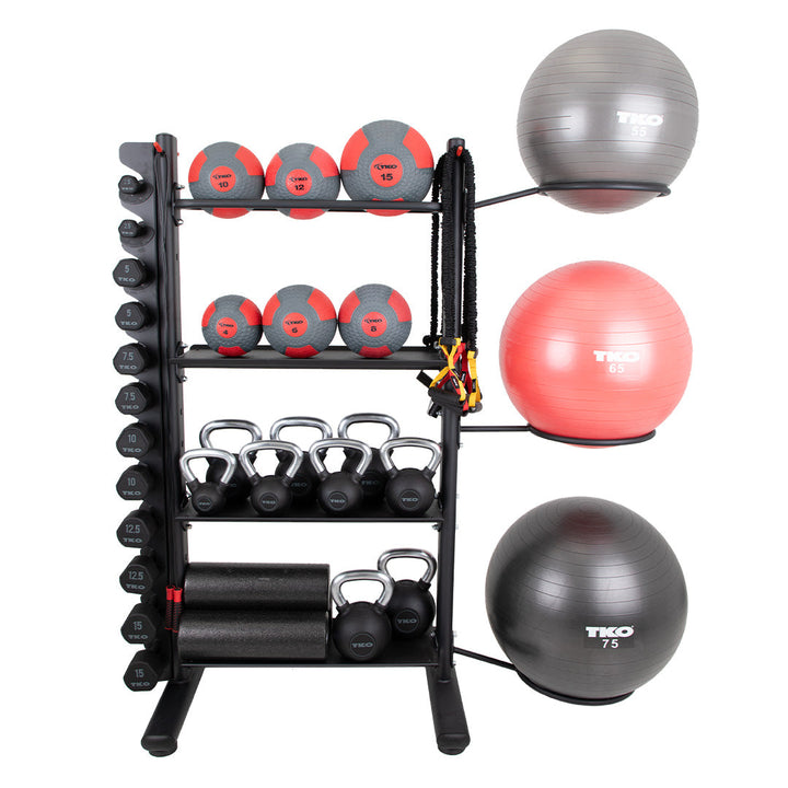 Accessory storage rack with kettlebells, medicine balls, stability balls and accessories
