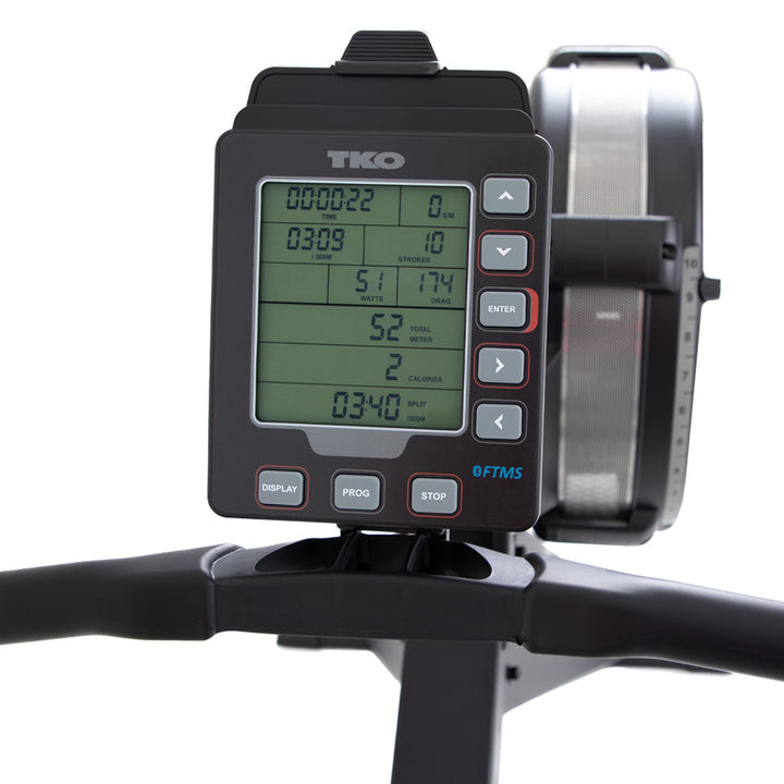 close-up of TKO AirRaid rower LCD performance monitor displaying workout metrics and training data