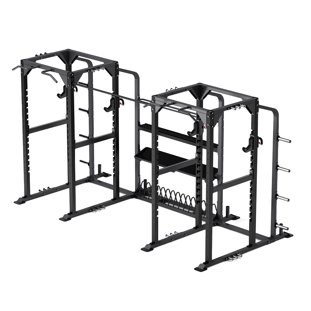 TKO annex power rack with integrated storage shelves, plate rack, and dual rack design