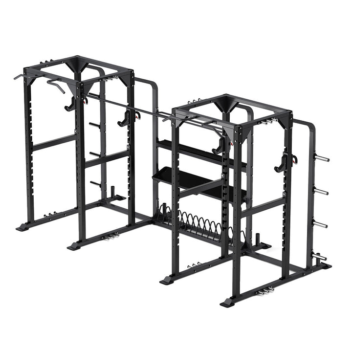 TKO annex power rack with integrated storage shelves, plate rack, and dual rack design