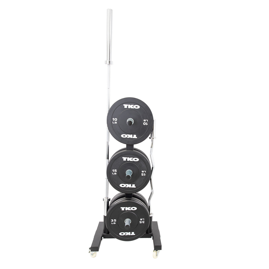 TKO bumper plate rack storing Olympic plates with integrated bar holders