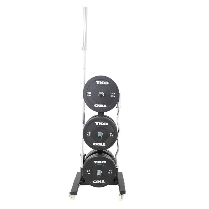 TKO bumper plate rack storing Olympic plates with integrated bar holders