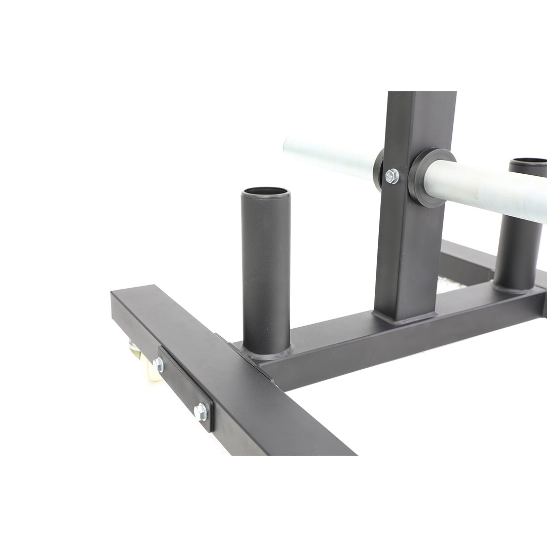 Close-up of stainless steel storage horns on TKO bumper plate rack