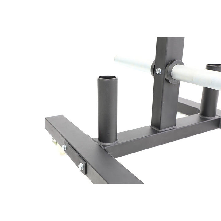 Close-up of stainless steel storage horns on TKO bumper plate rack