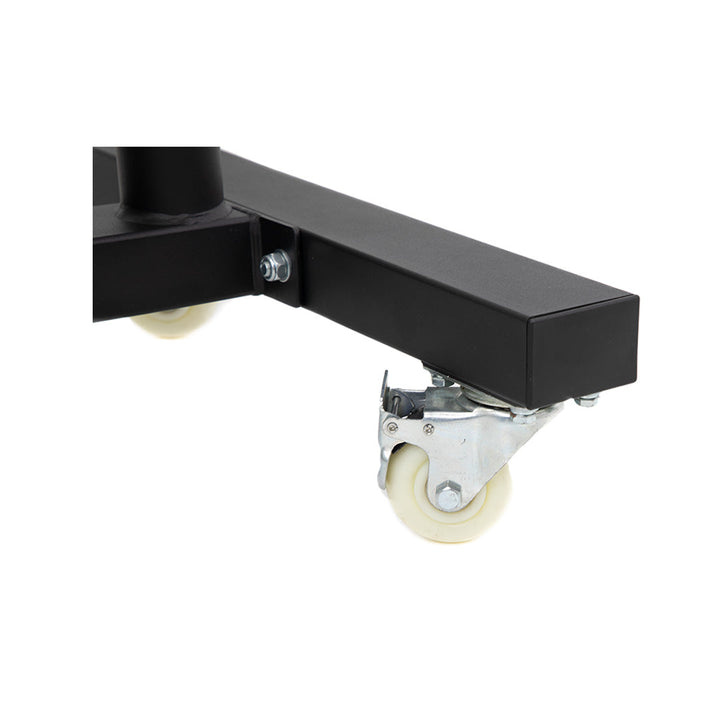 Caster wheel detail on TKO bumper plate rack for equipment mobility
