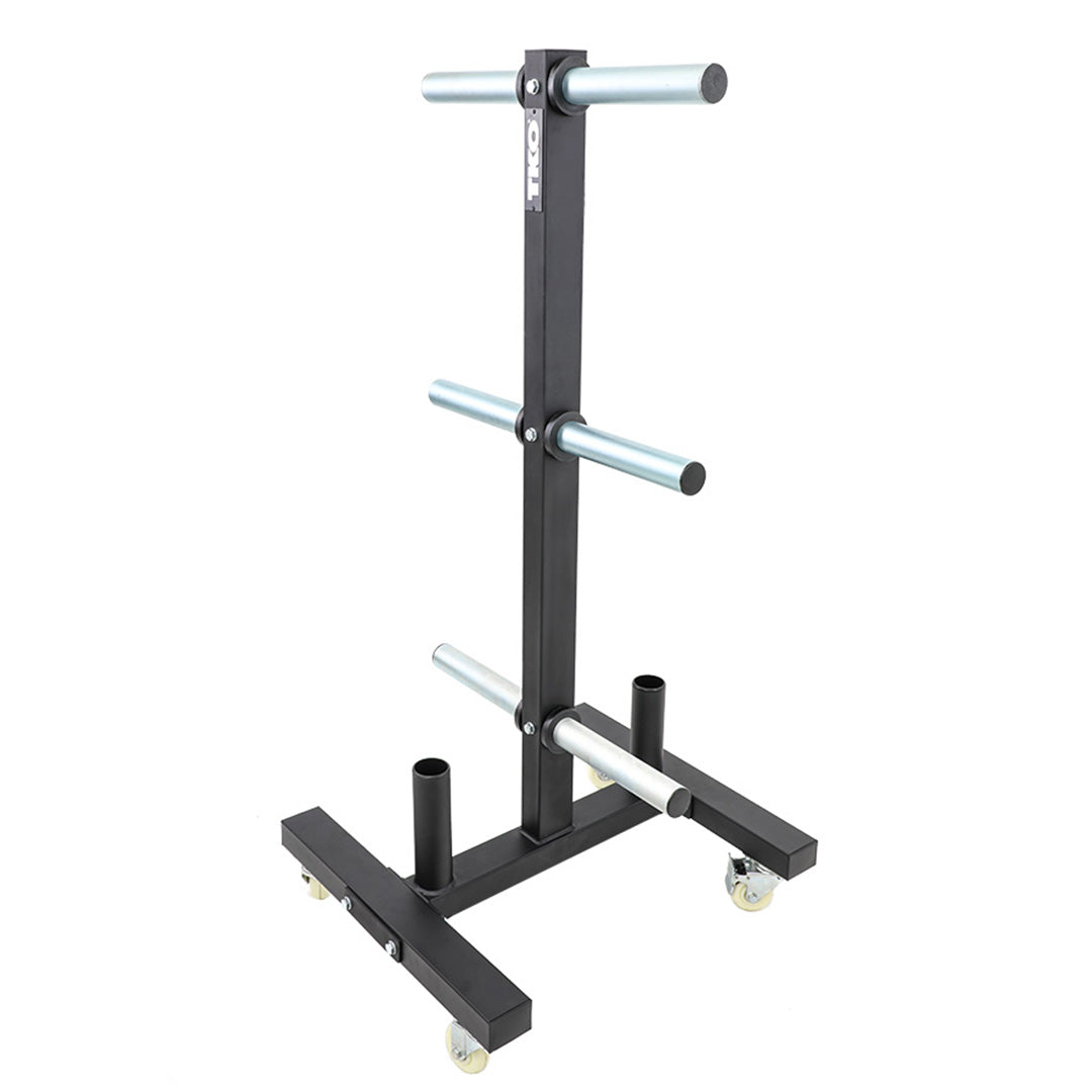 TKO bumper plate rack with stainless steel horns, bar holders, and transport wheels