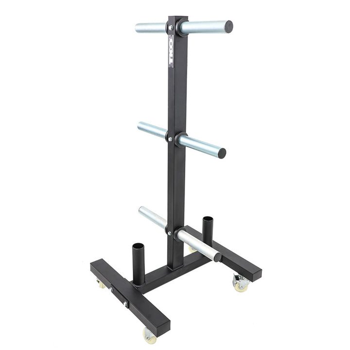 TKO bumper plate rack with stainless steel horns, bar holders, and transport wheels