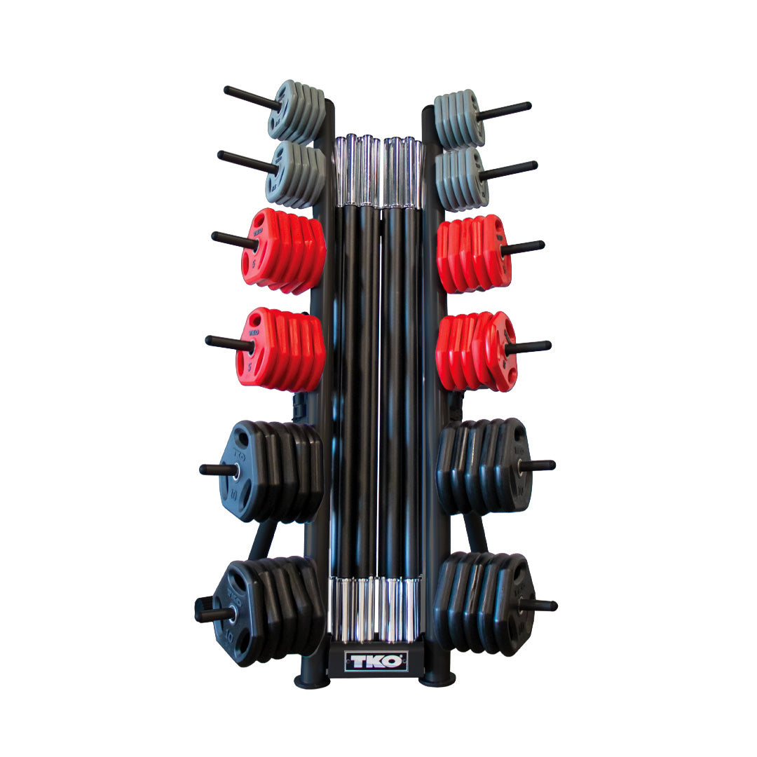 TKO Cardio Pump 10 Set Pack with storage rack, bars, weight plates, and collars