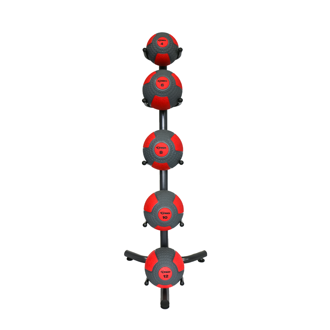 TKO commercial medicine ball rack storing five medicine balls in a vertical layout